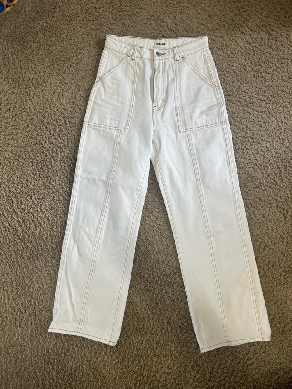 Rollas High Waisted Heidi White Wide-Leg Stitch Detail Jeans
